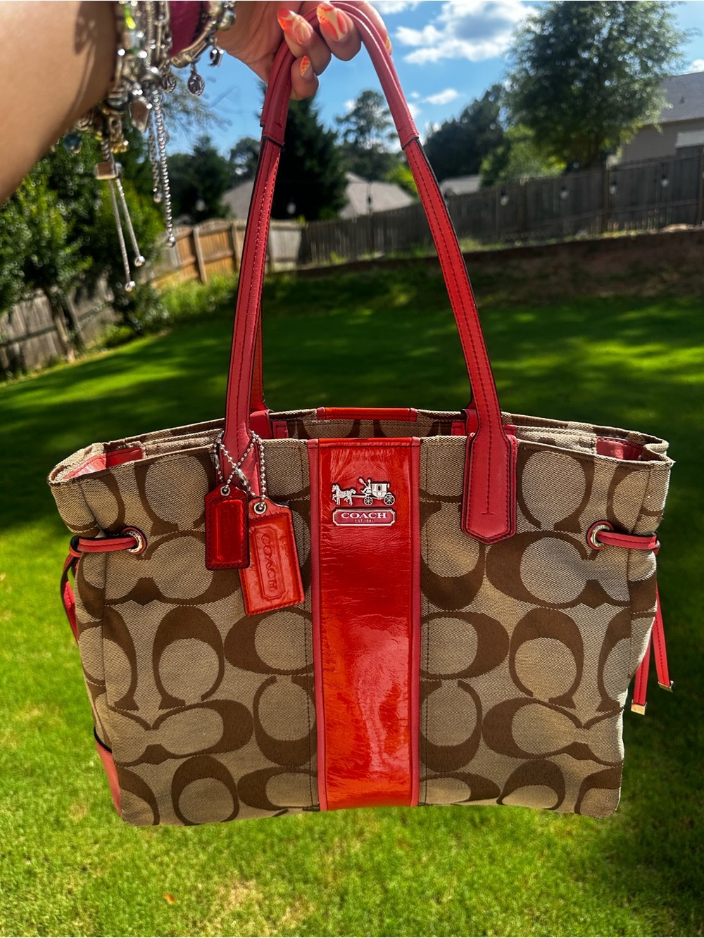 Coach Brown Signature Canvas Tote with Red Trim